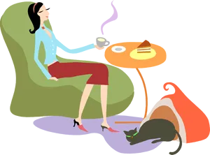 Woman Relaxingwith Coffeeand Cat PNG