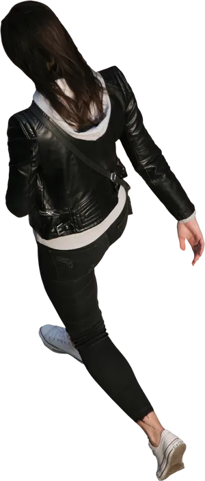 Woman Walking Awayin Leather Jacket