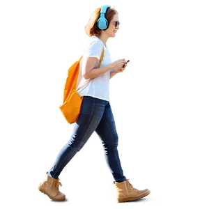 Woman Walking With Headphones PNG Aiq46