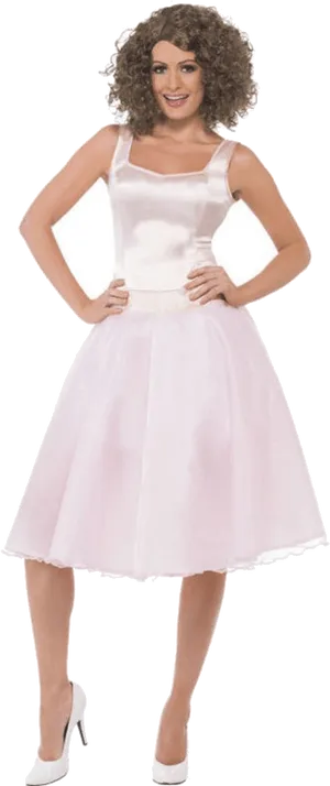 Womanin Pink Dressand White Heels PNG image