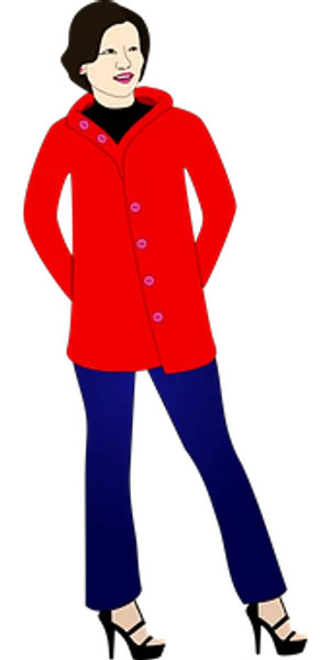 Womanin Red Coatand Blue Pants