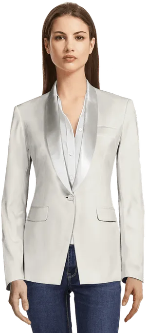 Womanin White Tuxedo Jacketand Jeans PNG image