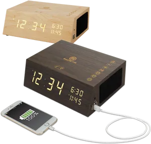 Wooden Digital Alarm Clockwith Phone Charging PNG