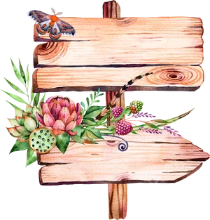 Wooden Direction Signwith Flowersand Butterfly PNG image