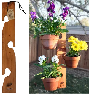 Wooden Plant Pot Hanger With Flowers PNG image