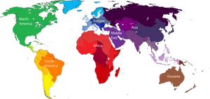 World Map Continents Color Coded PNG image