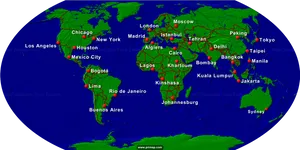 World Map Major Cities Night View PNG image