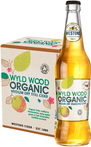 Wyld Wood Organic Cider Bottleand Packaging PNG image