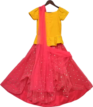 Yellow Blouse Red Lehengawith Dupatta PNG image