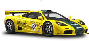 Yellow Harrod's Sponsored Racing Car PNG image