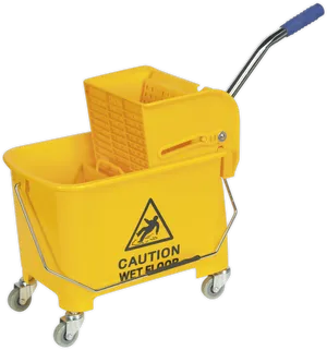 Yellow Mop Bucket With Wet Floor Sign PNG image