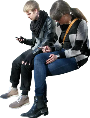 Young Adults Using Smartphones While Sitting PNG image