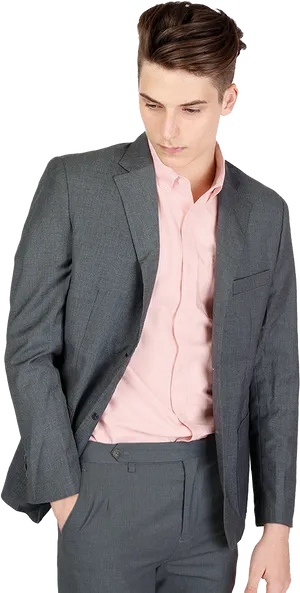 Young Manin Grey Suitand Pink Shirt PNG image