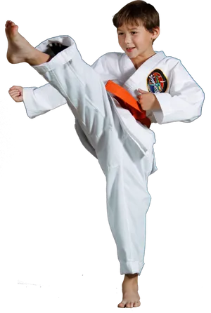 Young Taekwondo Practitioner Orange Belt Kick PNG image