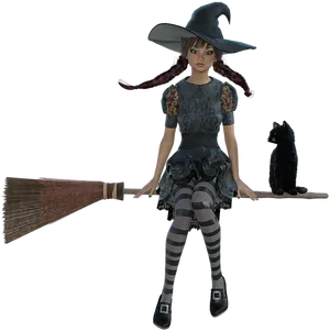 Young Witch With Broomand Cat