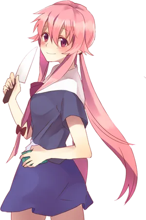 Yuno Gasai Pink Hair Knife Pose PNG image