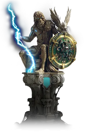 Zeus Greek God Statuewith Lightning Boltand Shield PNG image